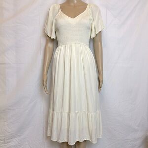 Merokeety Boho Tiered Smocked Style Dress. Large. Flutter Sleeves. Cream Color.